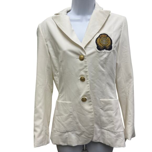 Boston Proper Jackets & Blazers - 🤍Andrea Behar US 6 Boston Proper Ivory Crest Blazer Gold Button Prep Jacket Y2K
